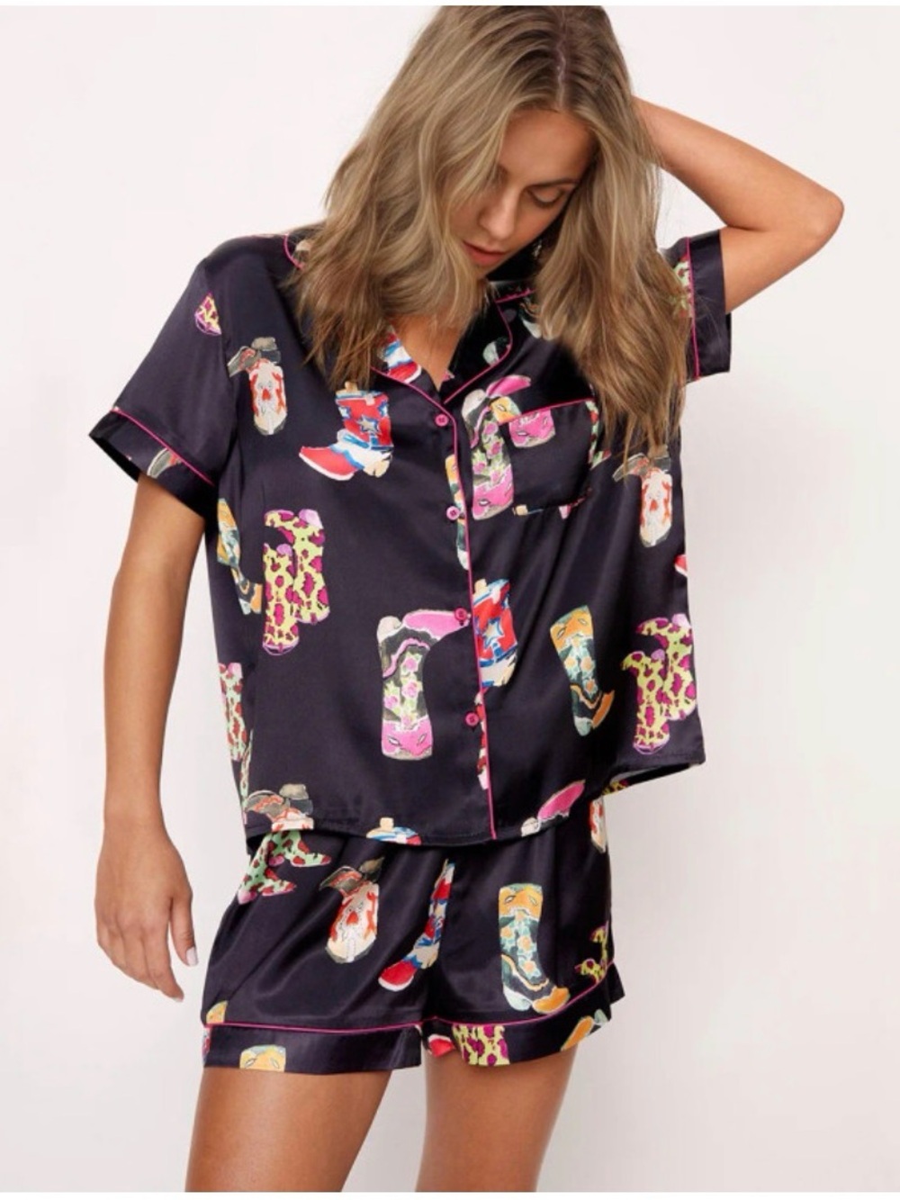NWOT She show Satin Short Pajama Set in Black with Multicolor Print